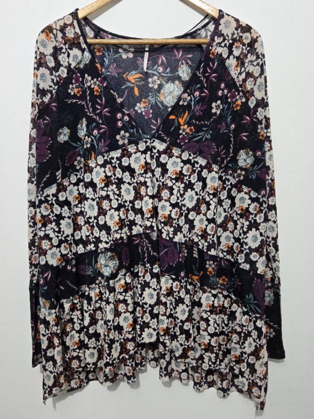Free People Isabelle Babydoll Swing Tunic Top Size S Floral Sheer Boho Hippie